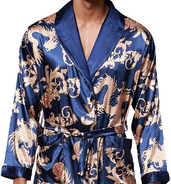 VERNASSA Mens Satin Robe Silk Long Sleeve Kimono Bathrobe Sleepwear Loungewear