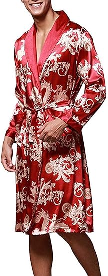 VERNASSA Mens Satin Robe Silk Long Sleeve Kimono Bathrobe Sleepwear Loungewear