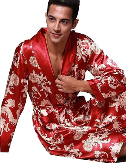 VERNASSA Mens Satin Robe Silk Long Sleeve Kimono Bathrobe Sleepwear Loungewear